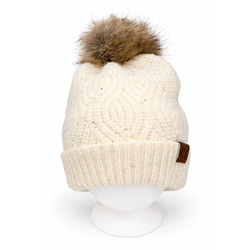 C.C Exclusives Womens Slouchy Tossle Fur Pompom Hat One Size Ivory Sequin Knit